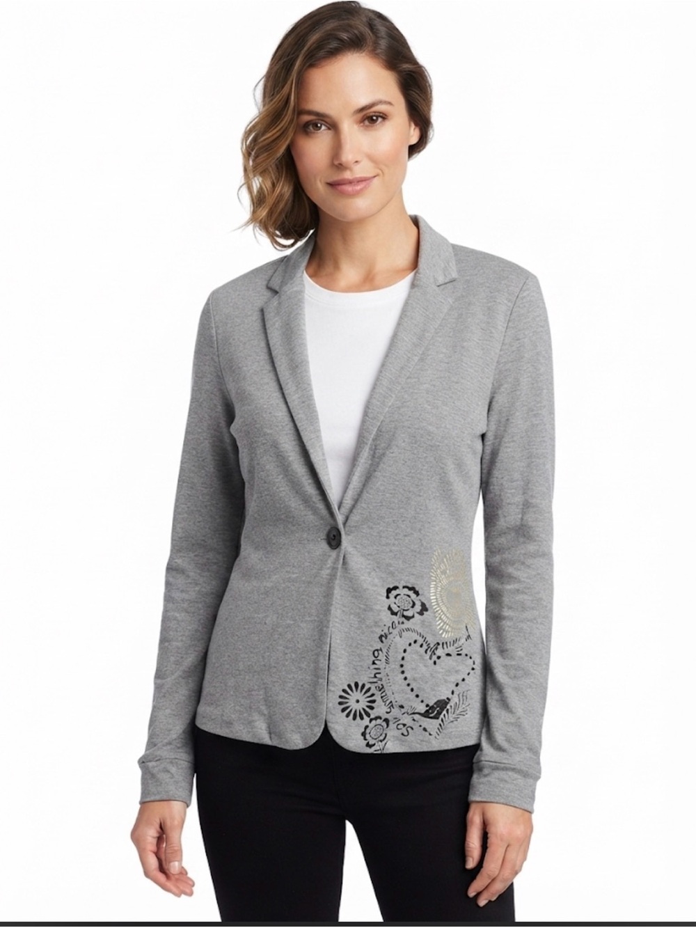 Desigual Grey Single-Button Knit Blazer with Floral Detail